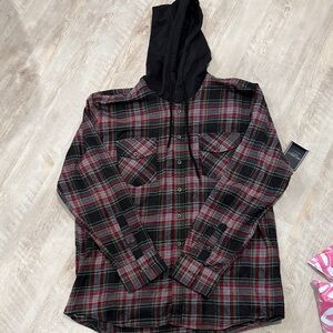 Architect Black and Red Plaid Hooded Flannel Shirt